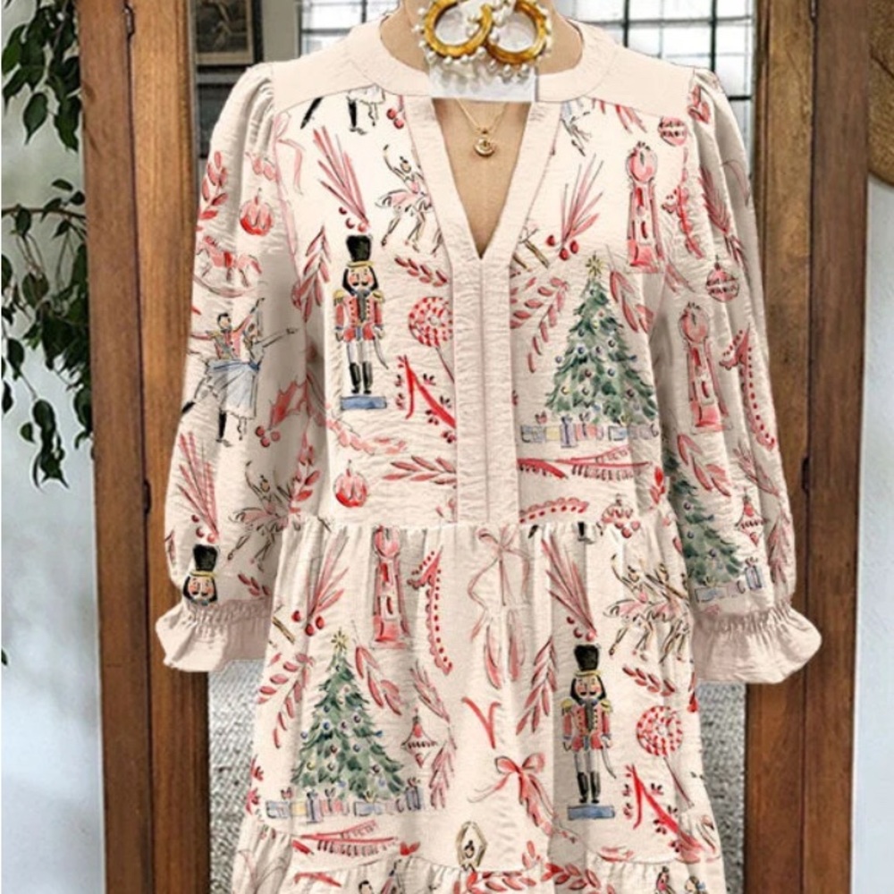 Christmas Nutcracker Print V-neck Puff Sleeve Dress L/XL
